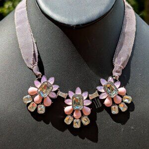 Crystal and Pink Cabochon Ribboned Necklace